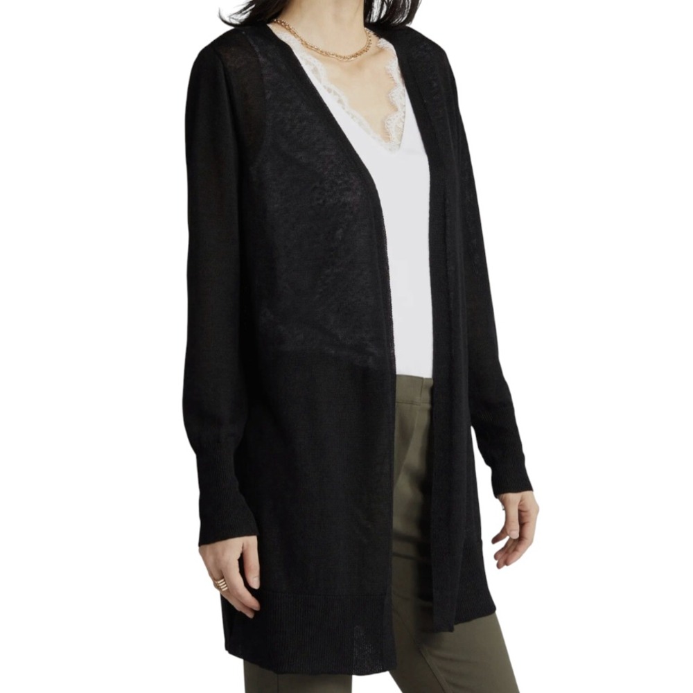 HALOGEN Nordstrom BLACK OPEN SWEATER CARDIGAN Longer Style LINEN BLEND Duster M